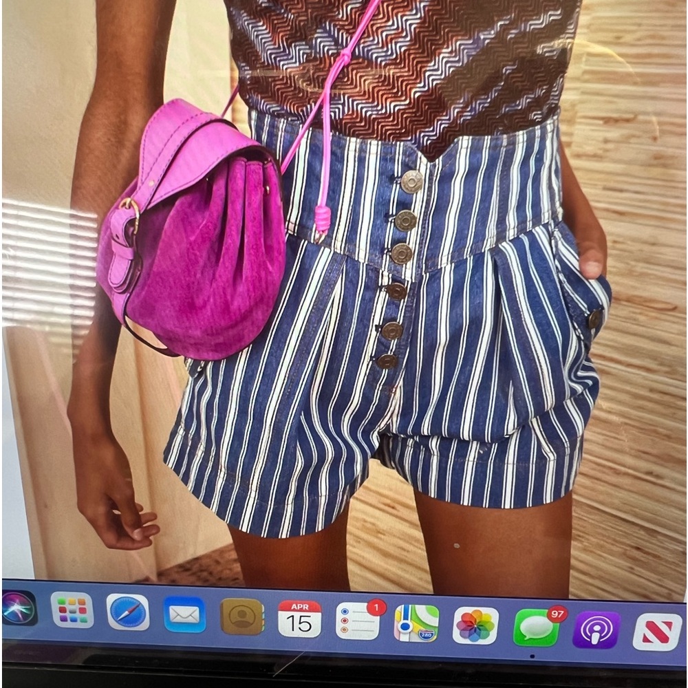 Ulla Johnson Railroad stripe, high waisted denim shorts